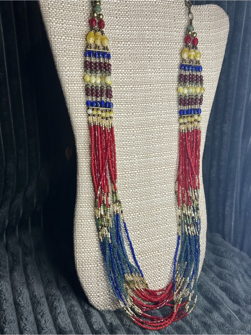 Coldwater Creek Red, Blue, Gold Multistrand Beaded Fringe Necklace - Picture 6 of 9